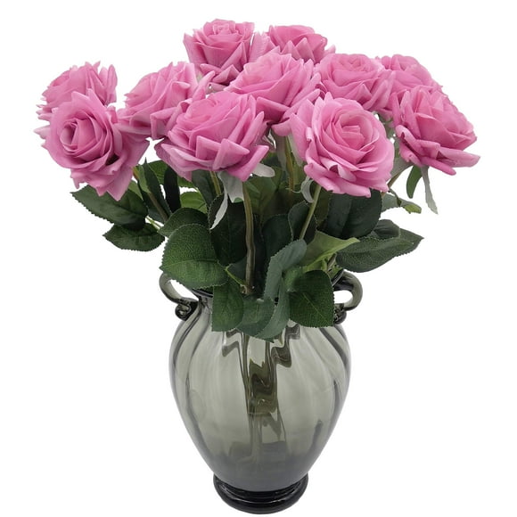 cn-Knight Artificial Flower 12pcs 17'' Artificial Rose Blossom with Leaves Gel Coated Silk Flower for Wedding Bridal Bouquet Bridesmaid Home Décor Office Baby Shower Centerpiece,Purple