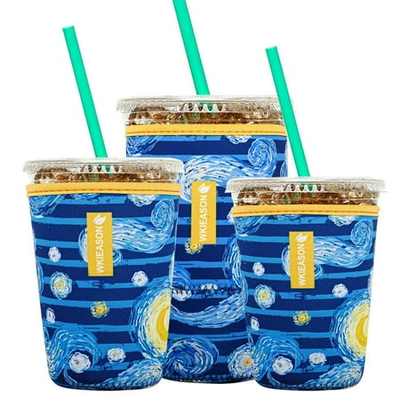 

Reusable Iced Coffee Insulator Sleeve for Cold Beverages and Neoprene Cold Coffee Cup Sleeves Cooler Cover 16-32OZ for Coffee Cups McDonalds Dunkin Donuts More (Art print blue)