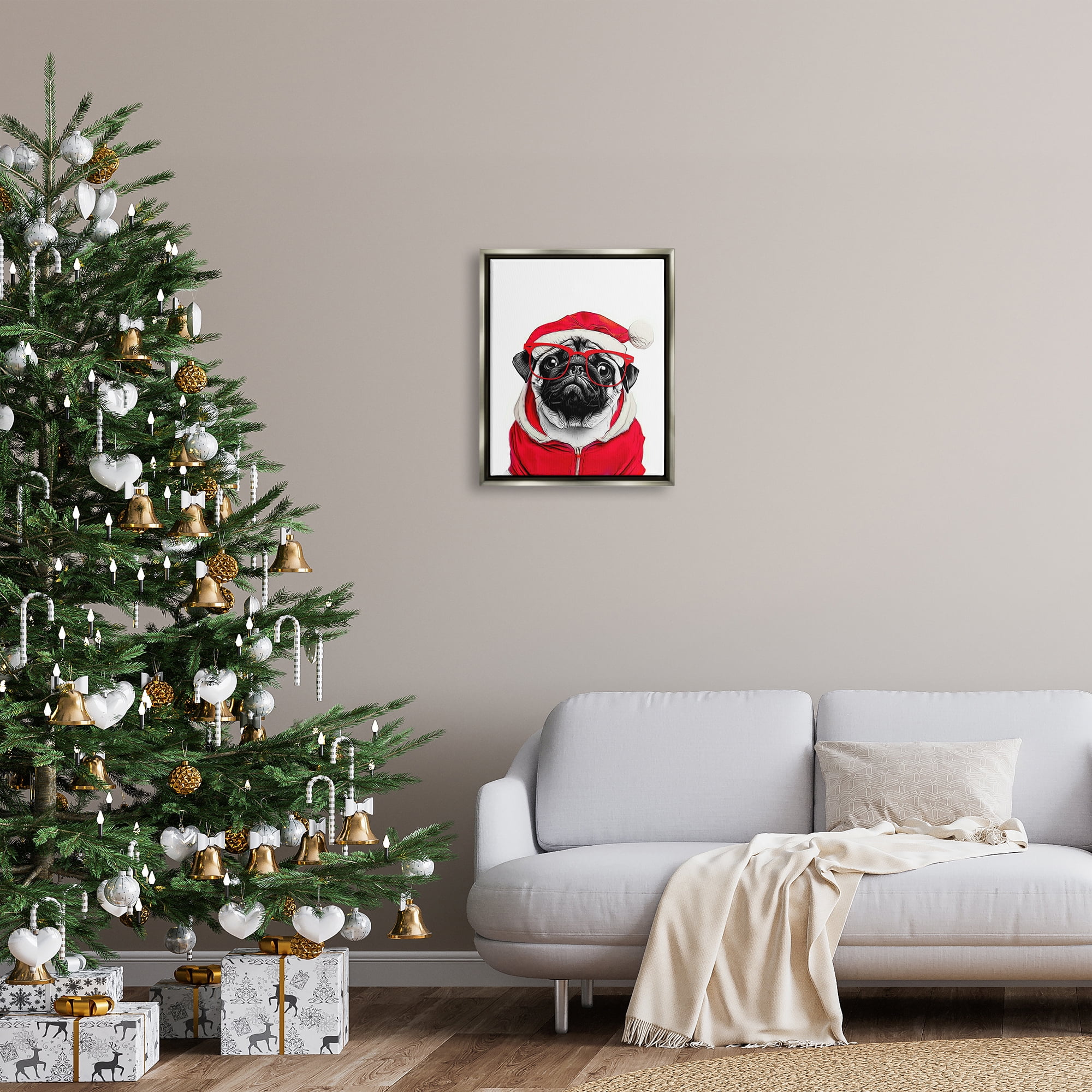 Stupell Industries Pug in Santa Hat Holiday Painting Gray Floater Framed Canvas Art Print Wall Art, 17 x 21
