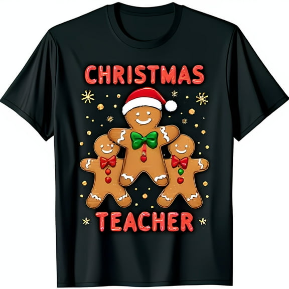 Festive Black T-Shirt with Gingerbread Men Santa Hat & Christmas Teacher Graphic