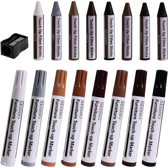 SEISSO 17 Pieces Furniture Touch-Up Kit,6 Markers, 6 Wax Sticks, 1 Sharpener, Deal on Sale Clearance