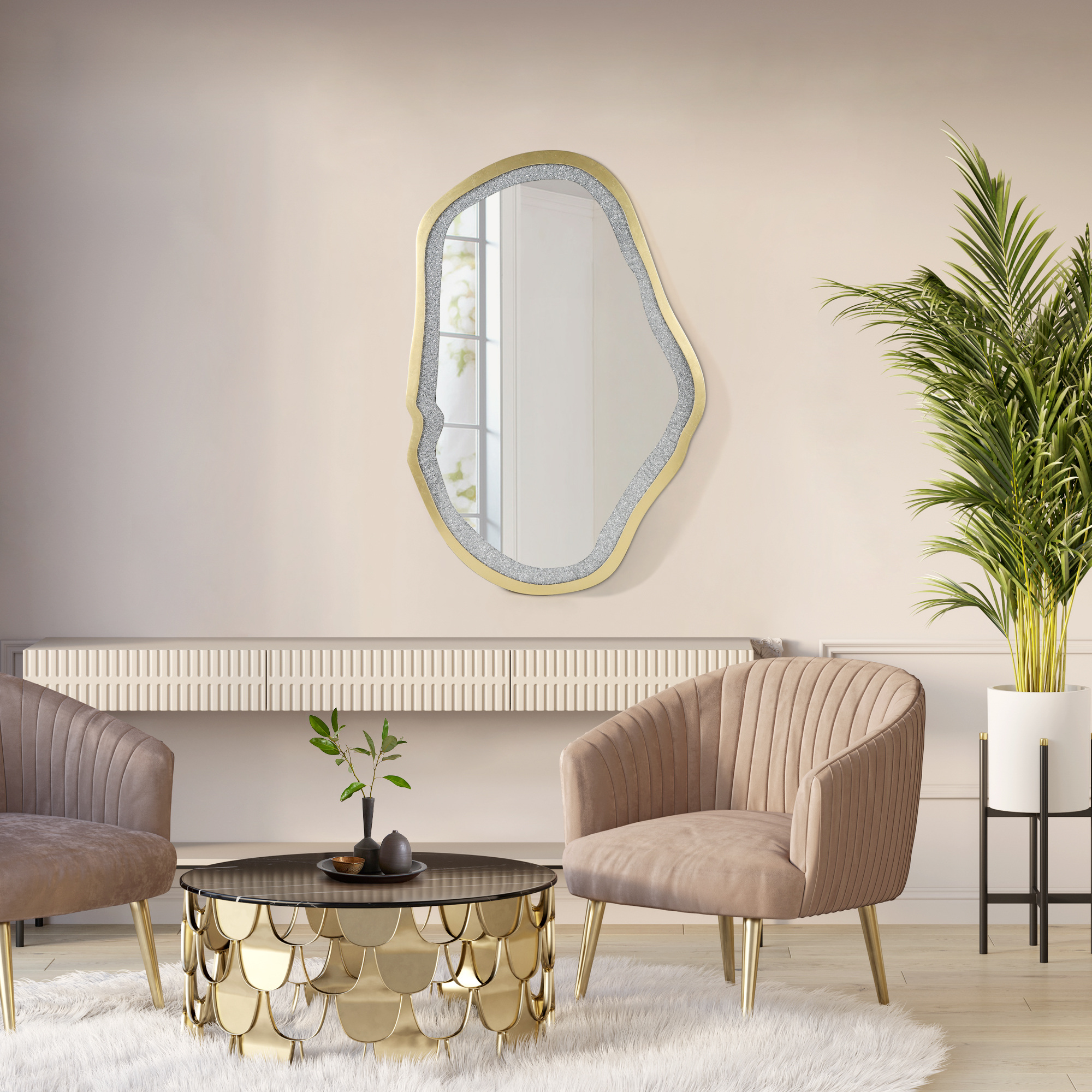 LNC 32.5"x47.2" Irregular Gold Wall Mirror with Rhinestone Inlay for Bedroom or Hallway