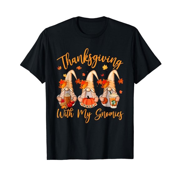 Thanksgiving With My Gnomes Falling Leaves Family Matching Black T-Shirt