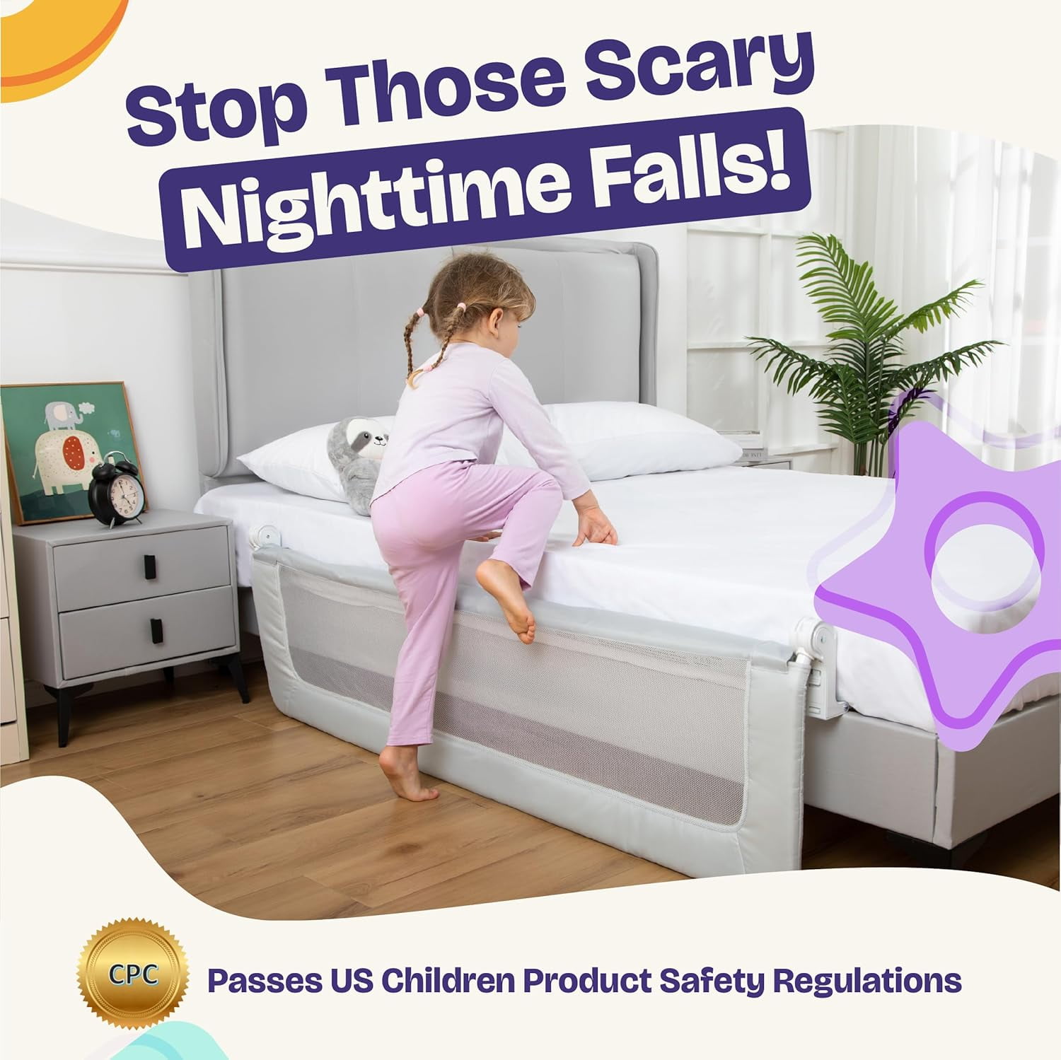 ComfyBumpy Toddler Bed Rail Guard, 35.5" x 19.5" Regular Swing Down Rail for Kids Beds, Gray, 2 pack