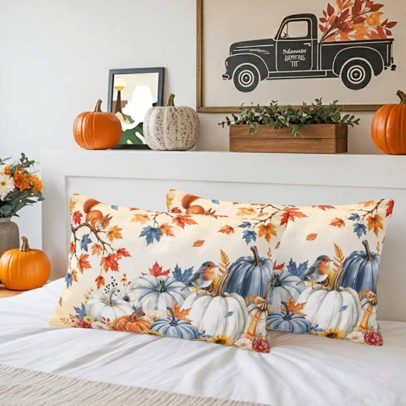 Thanksgiving Theme Pumpkins Waterproof Throw Pillow Covers Set of 2 Autumn Maple Leaves Squirrel Outdoor Cushion Cover Pillow Protector Decorative Pillowcases for Bed Sofa Couch,20x12in