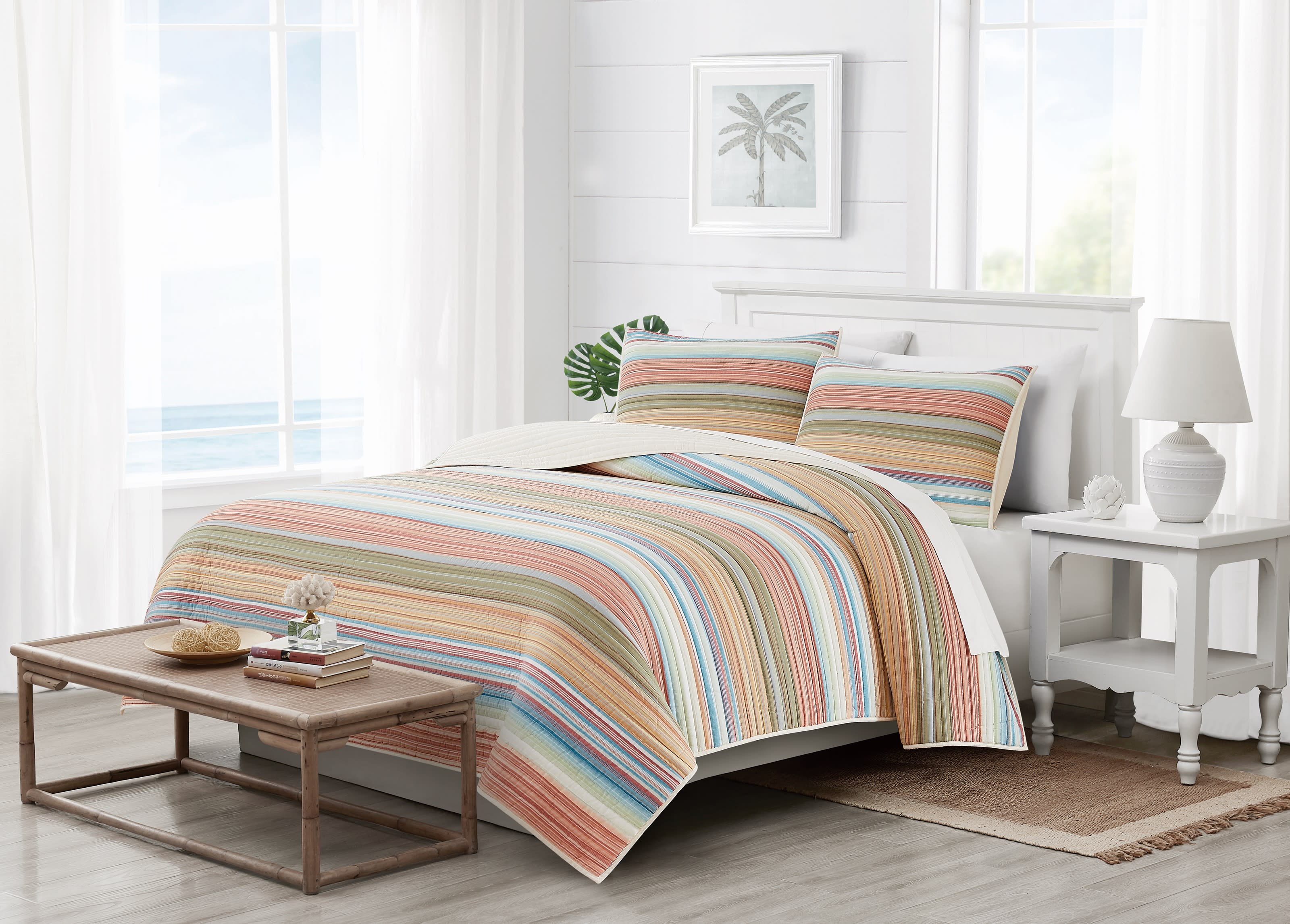 Oceanfront Resort Palm Beach Yarn Dye Stripe 3 Piece King Quilt Set, Coastal and Nautical Themed, Oeko-TEX Certified Confidence