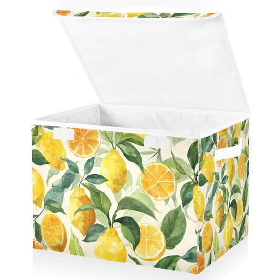 Foldable Fabric Storage Bin With Handle Collapsible Basket Box Storage With Lid Organizer Watercolor Lemons Oranges