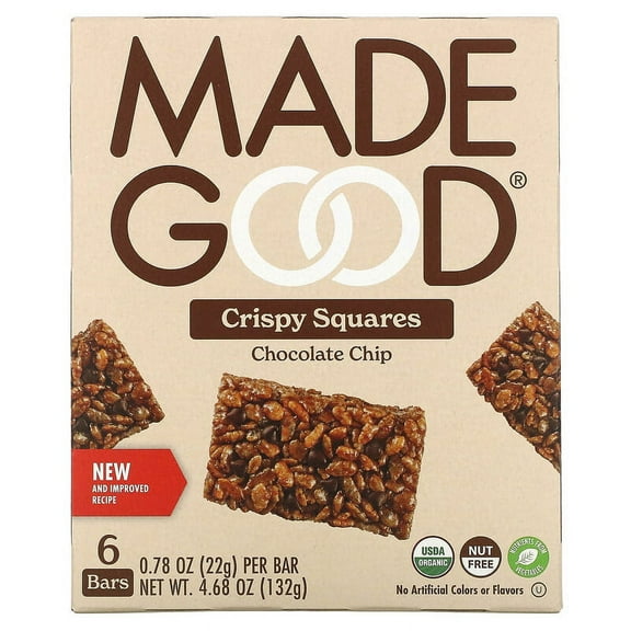 MadeGood, Crispy Squares, Chocolate Chip, 6 Bars, 0.78 oz Pack of 3