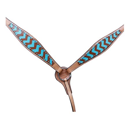 HILASON Western Horse Genuine Leather Breast Collar Set Turquoise & Brown Zigzag
