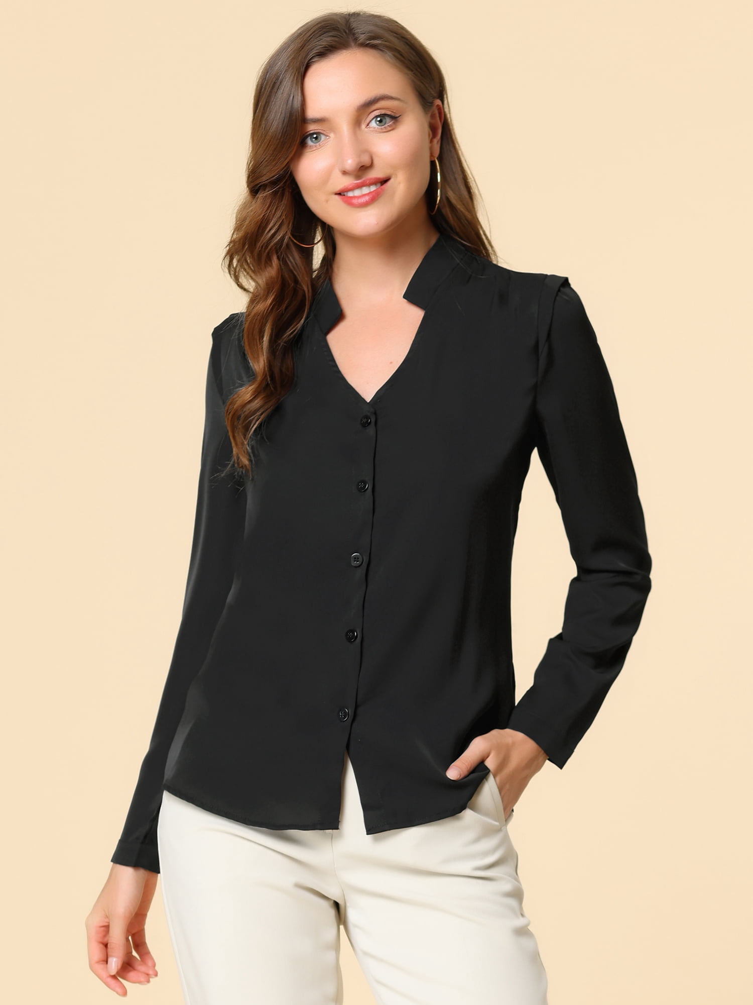 DARING DIVA Women's Elegant V Neck Long Sleeves Button Down Shirt 3XL Black