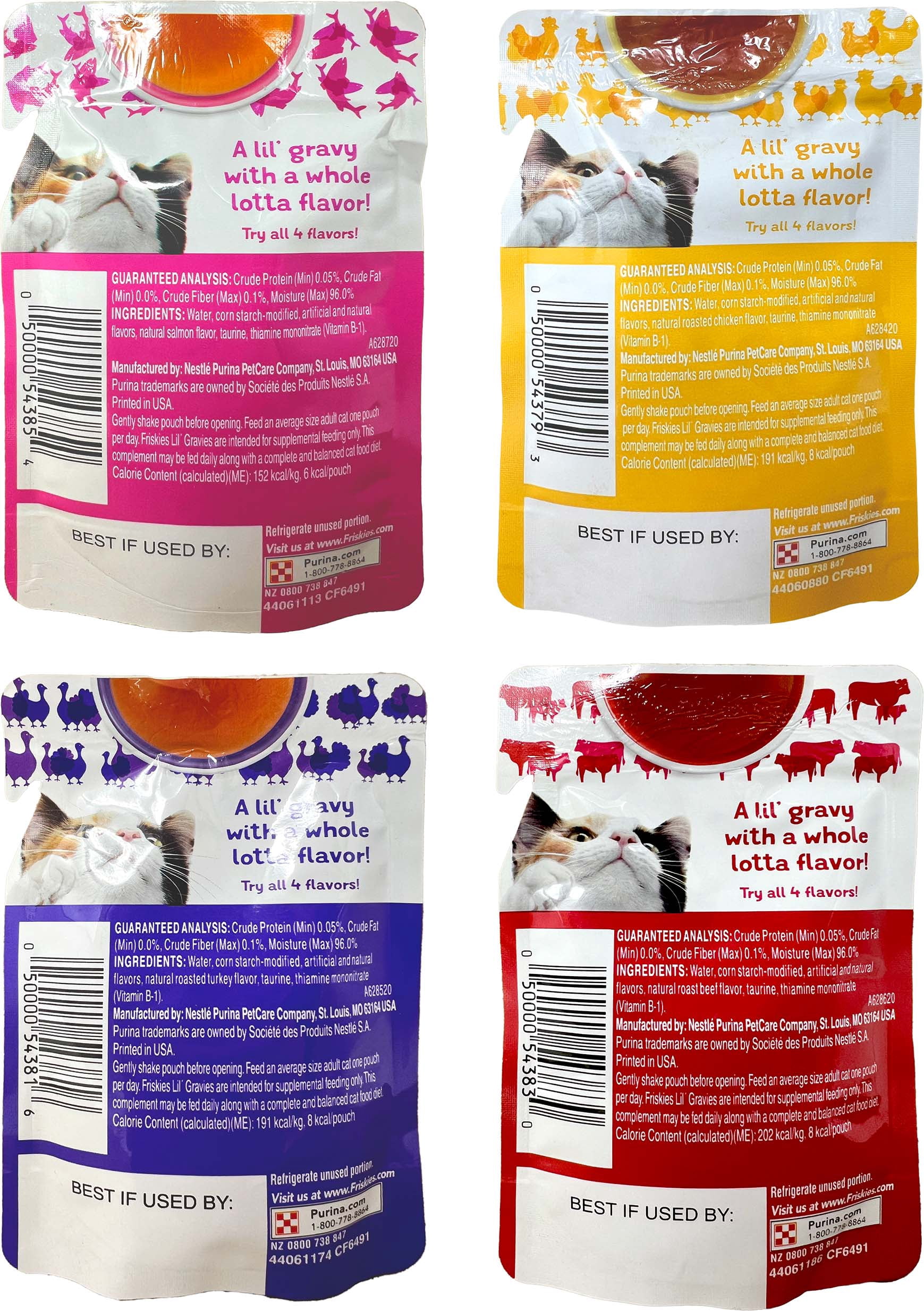Friskies Lil' Gravies - 4 Flavor 8 Count Variety - (2) Each: Turkey, Salmon, Chicken, Roast Beef + MerlinsMart Zine | Catnip Toy