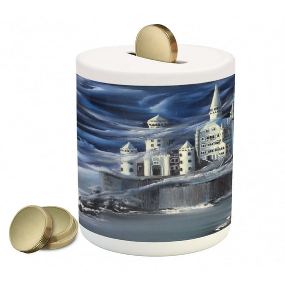 Fantasy Piggy Bank, Island with Castle Full Moon Cloudy Dramatic Sky Foggy Weather, Ceramic Coin Bank Money Box for Cash Saving, 3.6" X 3.2", Dark Blue Grey White, by Ambesonne
