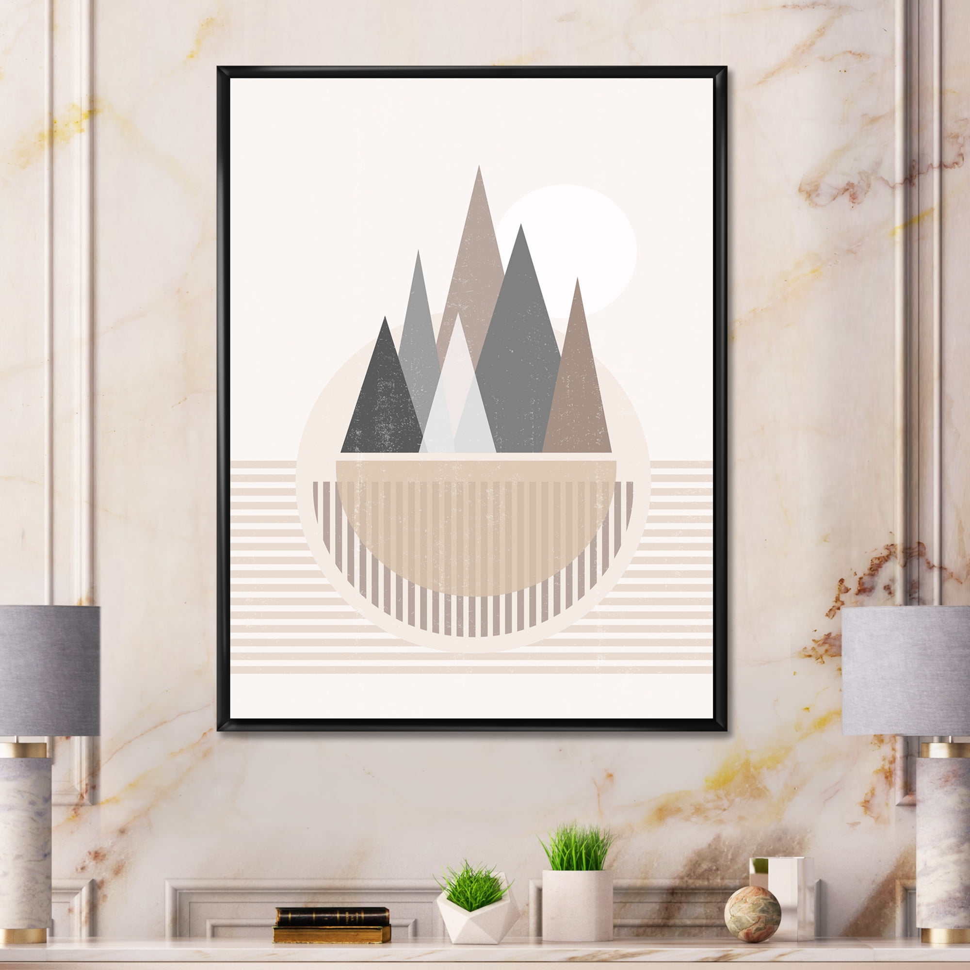 Designart 'Abstract Moon and Sun In Mountains III' Modern Framed Canvas Wall Art Print