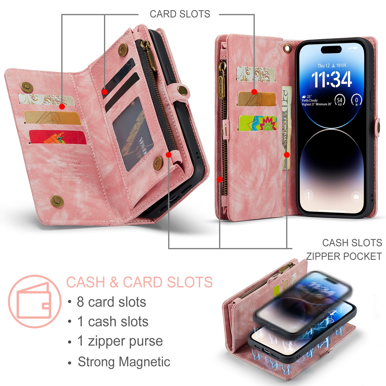 TECH CIRCLE 2-in-1 Magnetic Phone Case with Wrist Strap for iPhone 17 (2025), Detachable Flip Wallet Case with 8 Card Slots, Zipper Pocket, Stand, Protective Slim Magnetic Back Cover, Pink