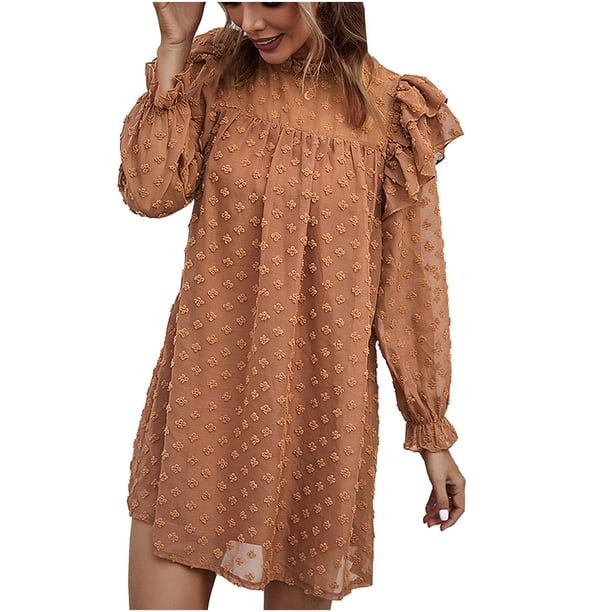 Vestido de gasa de malla de manga larga de color sólido suelto informal de moda para mujer Fridja NMB1513