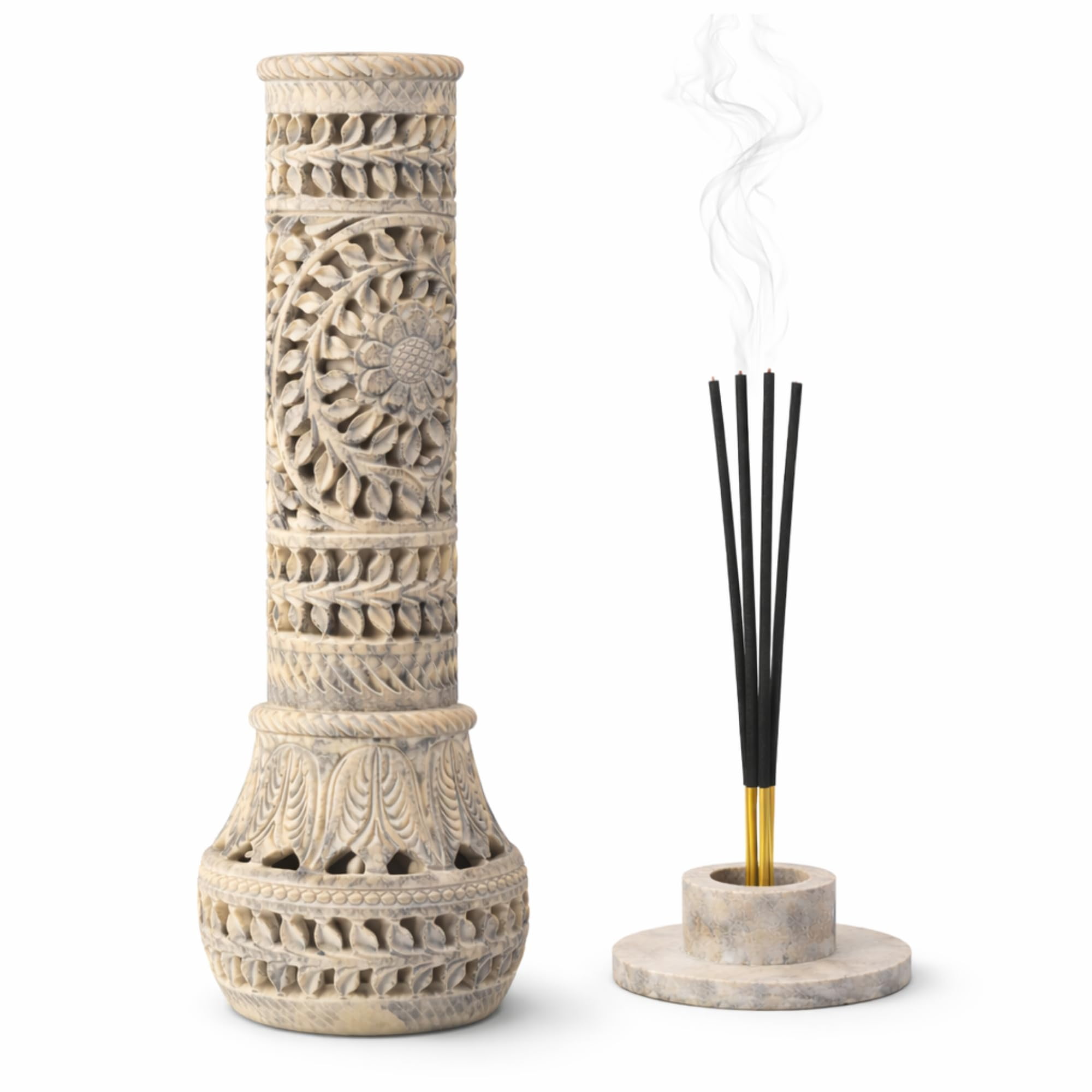 Marble Soapstone Incense Stick Holder | Candle Burner Tea Light Stand - Handmade Bottle Tower. Decorative Floral Carving For Gifting Home And Office Decor (3x3x10.5 Inches)