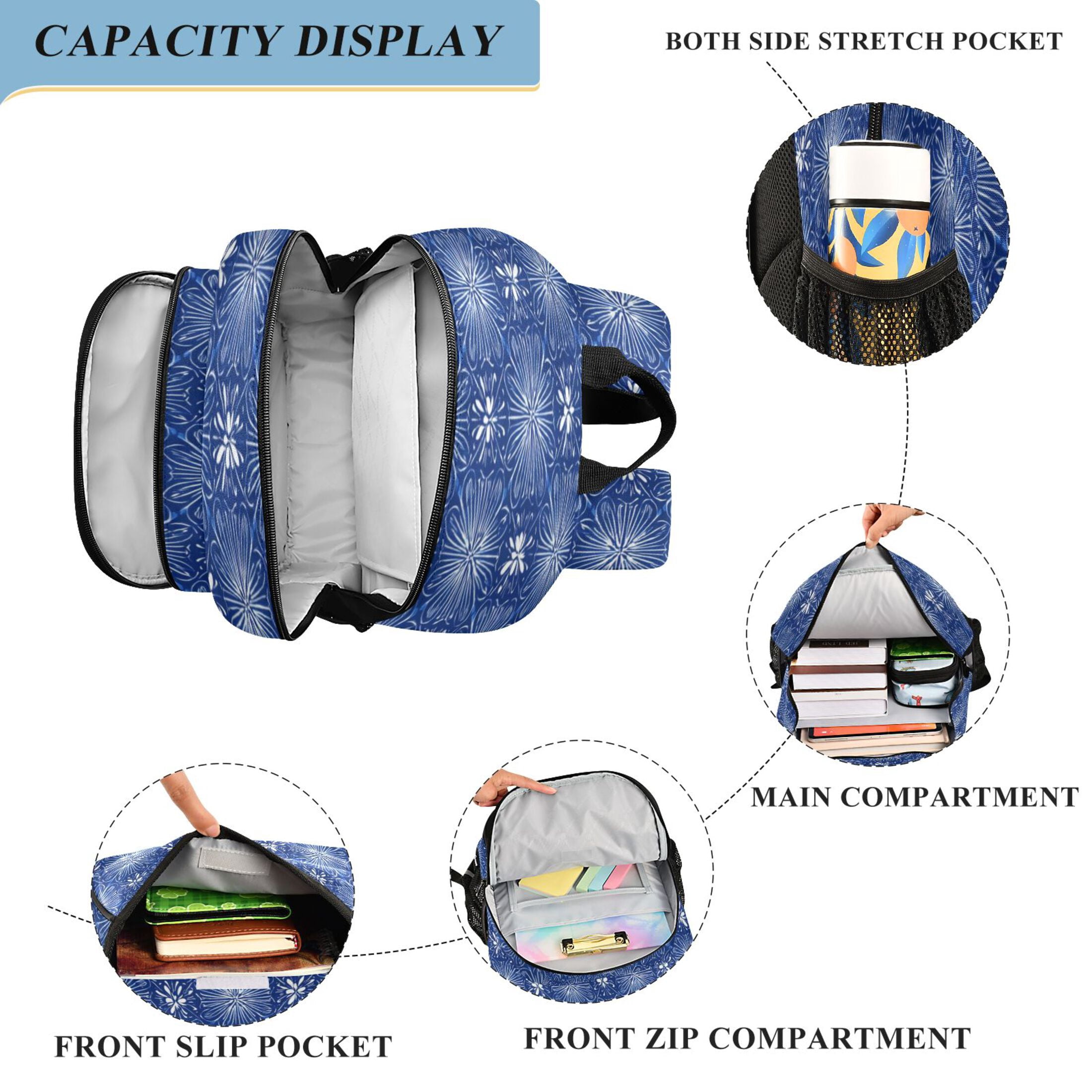 Backpack 12.9 *5.1 * 17.7 Inches Outing Backpack, Shopping Backpack, Travel Backpack Traditional Japanese Blue Motifs