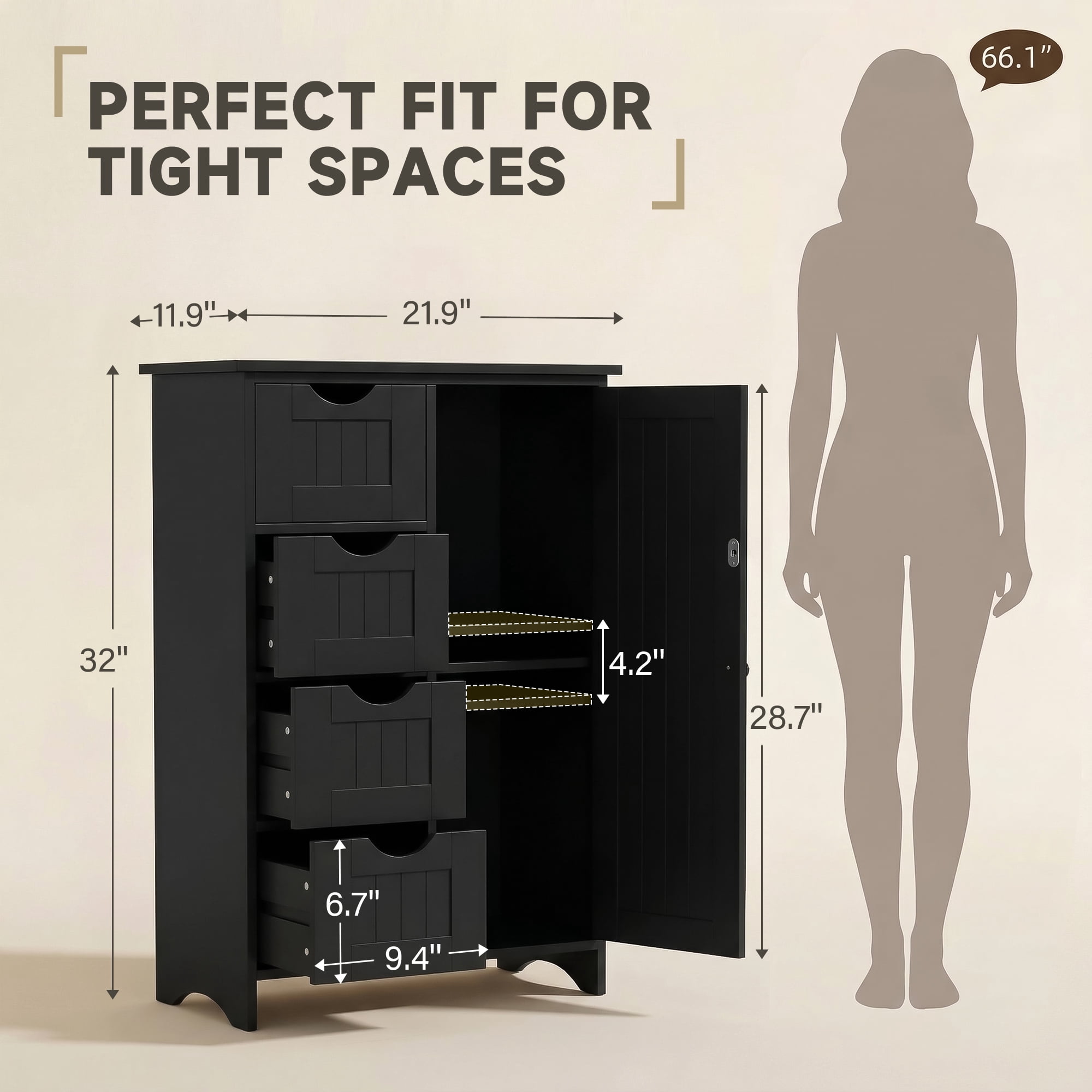 Furmax Wooden Bathroom Floor Cabinet with 4 Drawers, 1 Adjustable Shelf & 1 Cupboard，Side Storage Organizer Storage Cabinet for Bathroom, Entryway, Black