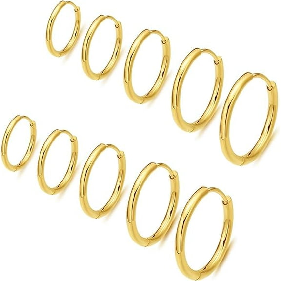 Xukmct 5 Pairs 316L Stainless Steel Hoop Earrings, 8mm-16mm 14K Gold Plated Small Hoop Earrings for Women Men, Gold