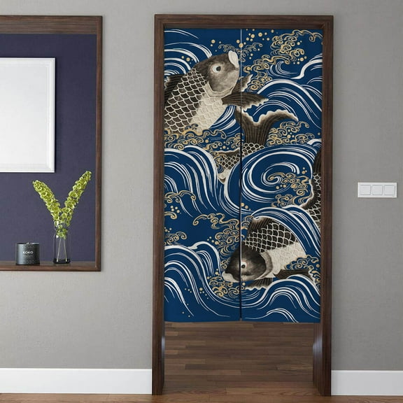Japanese style Art Noren Door Curtains, Modern Minimalist Carp The Waves Doorway Curtain, For Kitchen Partition Bedroom Door Privacy Decor