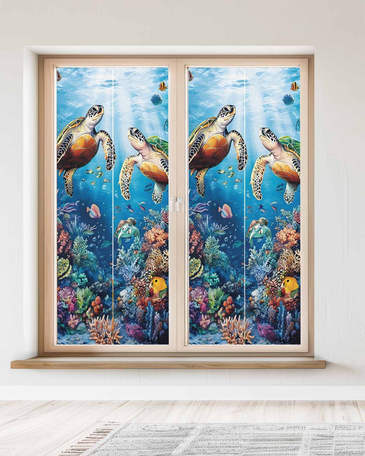 Window Privacy Film Ocean Turtle Stained Glass Window Film Decorative Sun Block Window Cover Sea Coral Underwater Animal Fish Blue Window Clings Static Adhesive Sticker for Bathroom 23.6"x59"