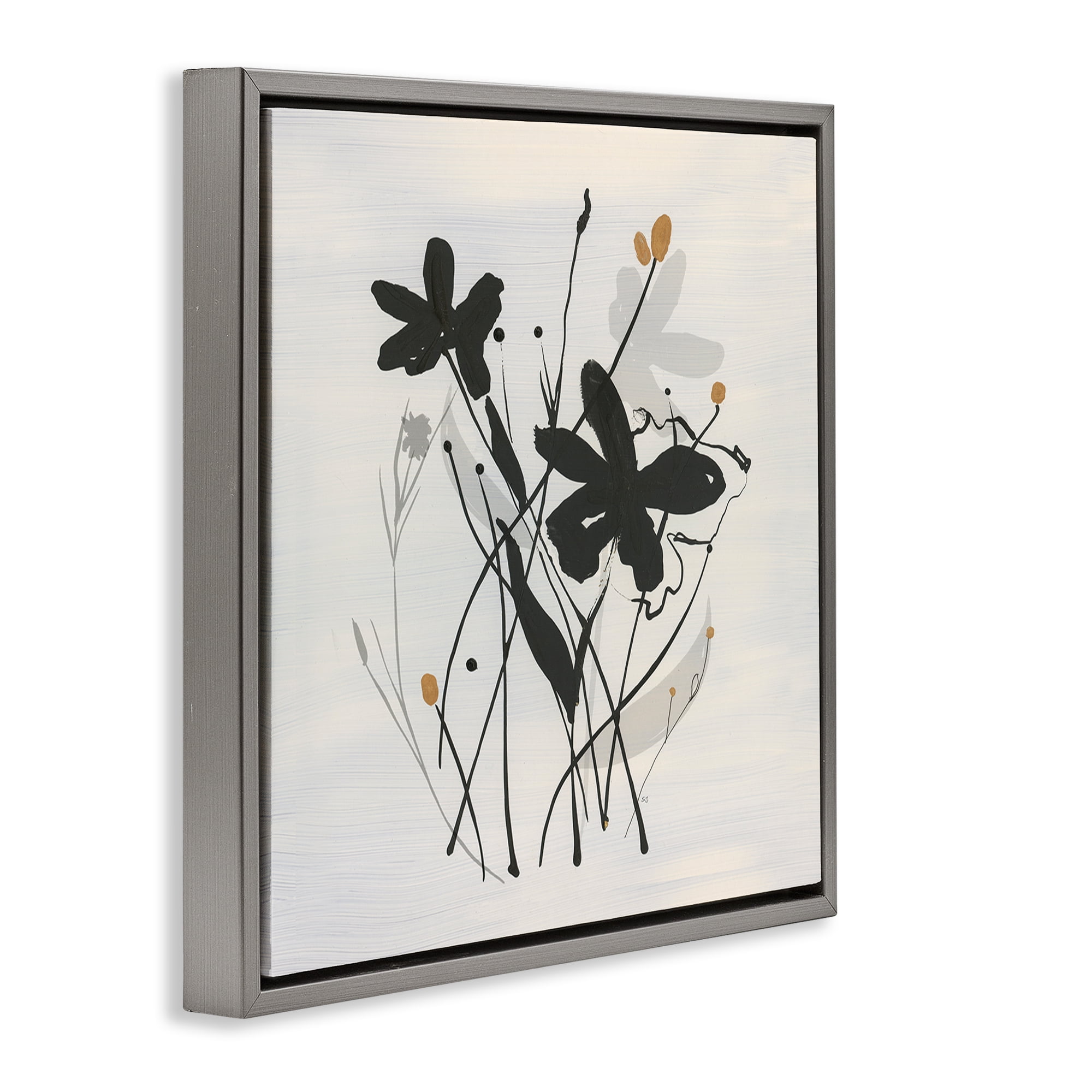 Stupell Industries Abstract Flower Squiggles Plants & Flowers Painting Gray Floater Framed Canvas Art Print Wall Art, 18 x 18