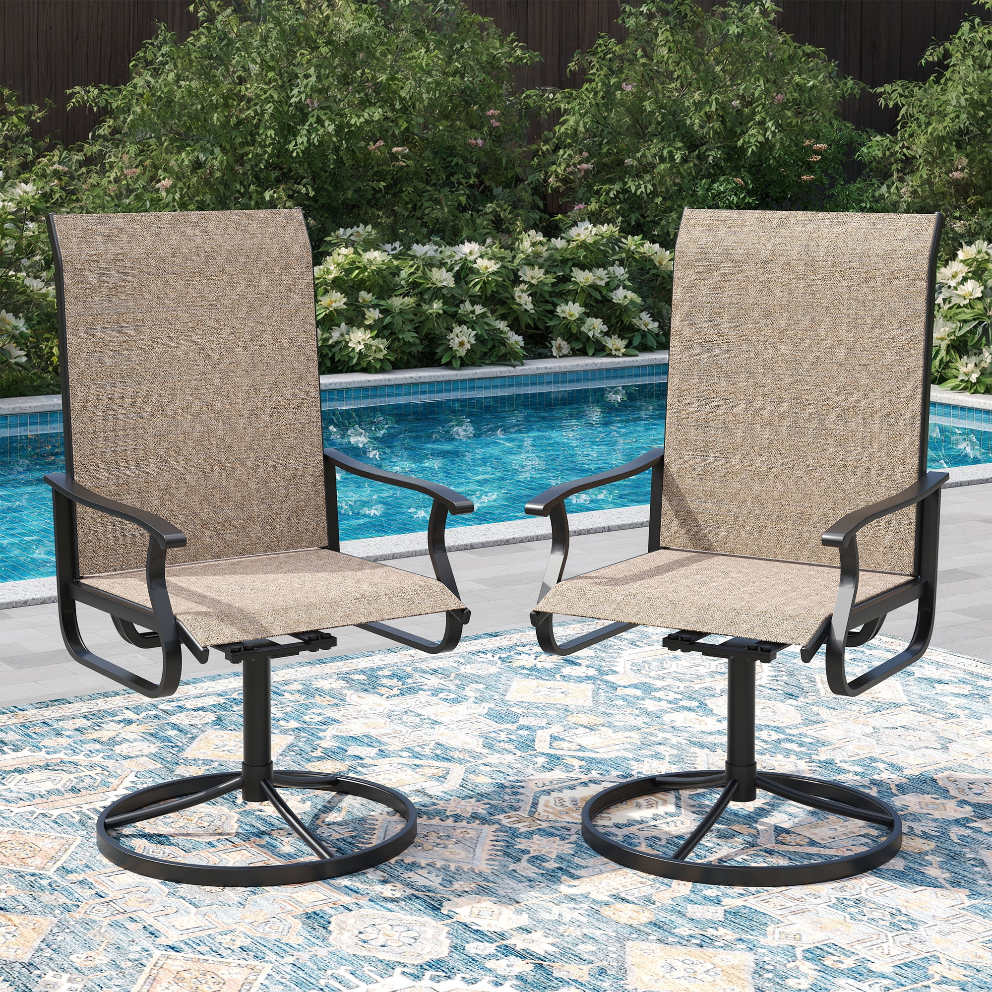 ELPOSUN Patio Swivel Chairs Set of 2, Outdoor Dining Chairs High Back All Weather Breathable Textilene Outdoor Swivel Chairs with Metal Rocking Frame for Lawn Garden Backyard Deck, Khaki