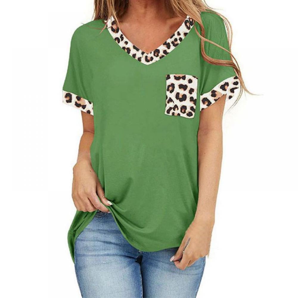 Women Leopard Print Short Sleeve T-shirt Summer Casual V Neck Tee Tops Blouse UK