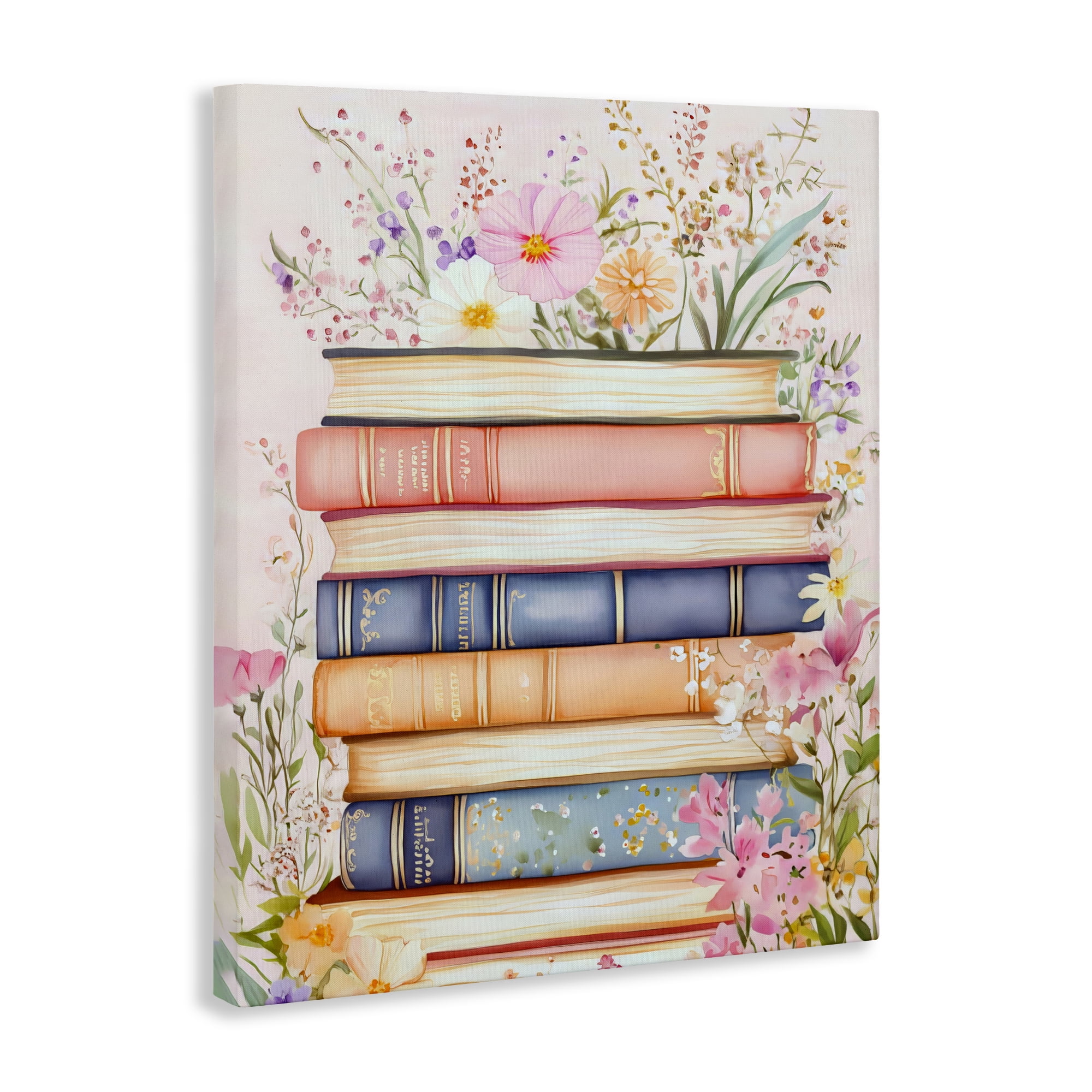 Stupell Industries Blooming Bookstack in Pastels Canvas Wall Art, design by LSR Design Studio