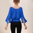 thumbnail image 3 of Girls Crop Tops Off Shoulder Bell Long Sleeve Chiffon Blouses Ruffle Smocked Hem Cute Spring Fall Clothes, Dark Blue 14-15 Years, 3 of 8