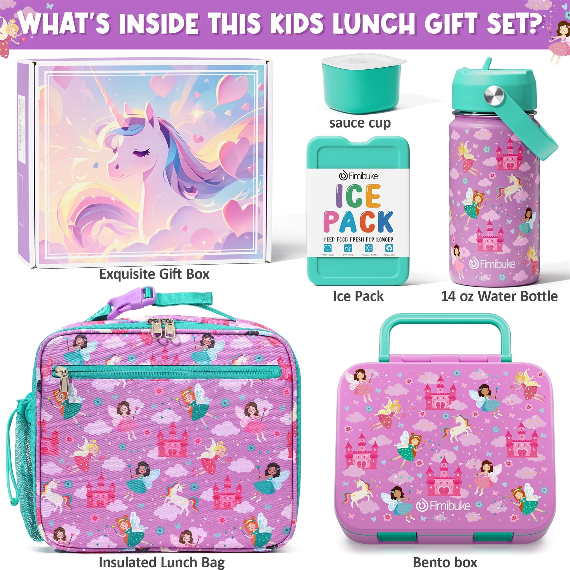 Bento Lunch Box Set - Snack Bento Box Container with 3 Compartments, Stainless Steel Water Bottle, Insulated Lunch Bag, Sauce Cup, Ice Pack Set (Daisy Rainbow)
