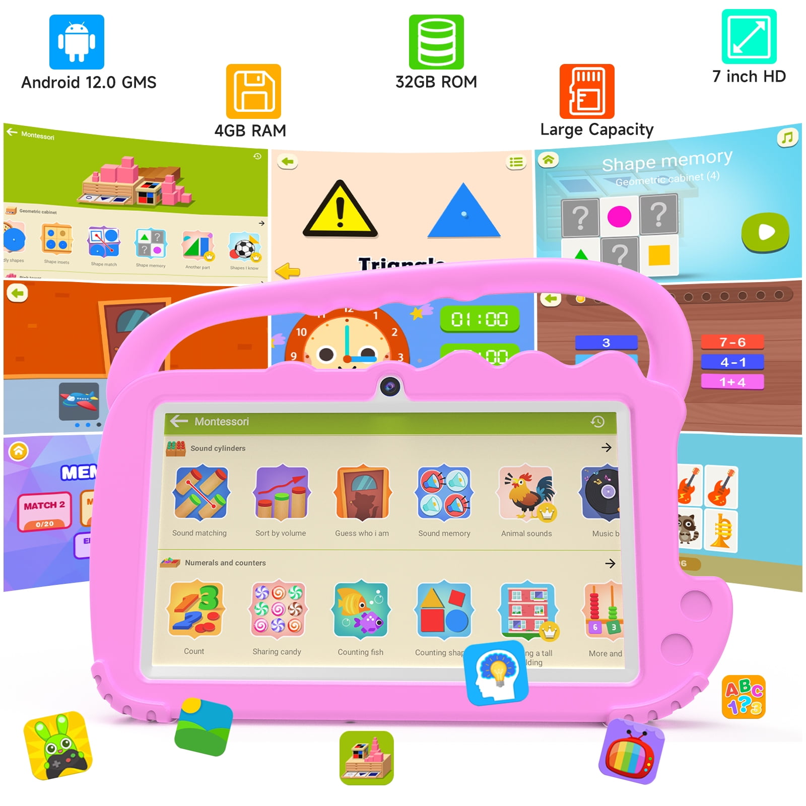 Peicheng AT70K Android 12.0 Kids Tablet, 7 in, 32GB Expandable