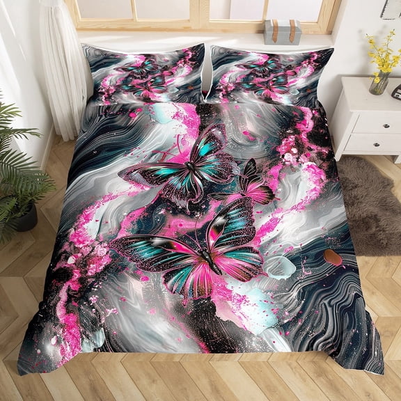 Black Marble Duvet Cover Set Teal Butterfly Queen Bedding Sets,Magenta Marbling Comforter Cover Abstract Ombre Ink Fluid Art Bed Set,Rustic Animal Dreamy Butterflies Room(No Comforter)