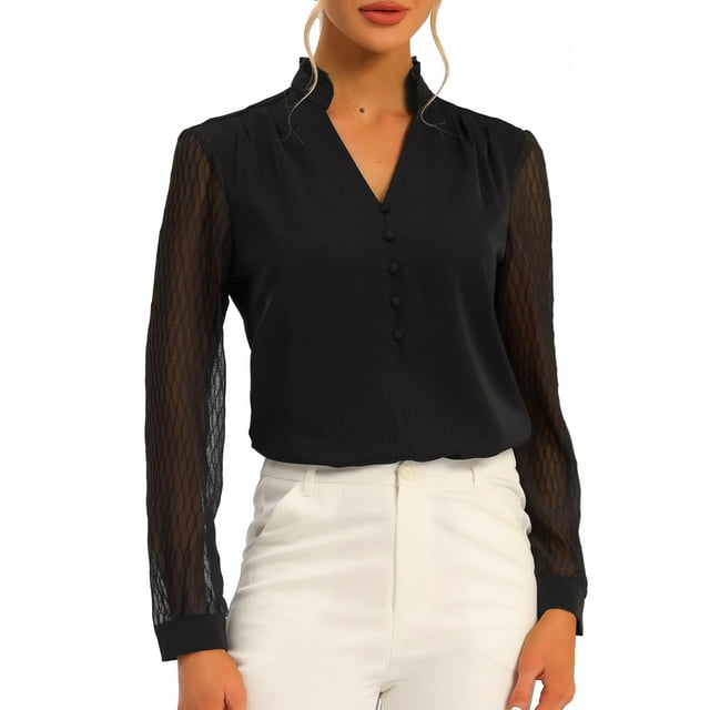 INSPIRE CHIC Chemisier à Volants à Col Montant pour Femme, Décor de Boutons, Transparent, Manches Longues, Hauts, TG, Noir
