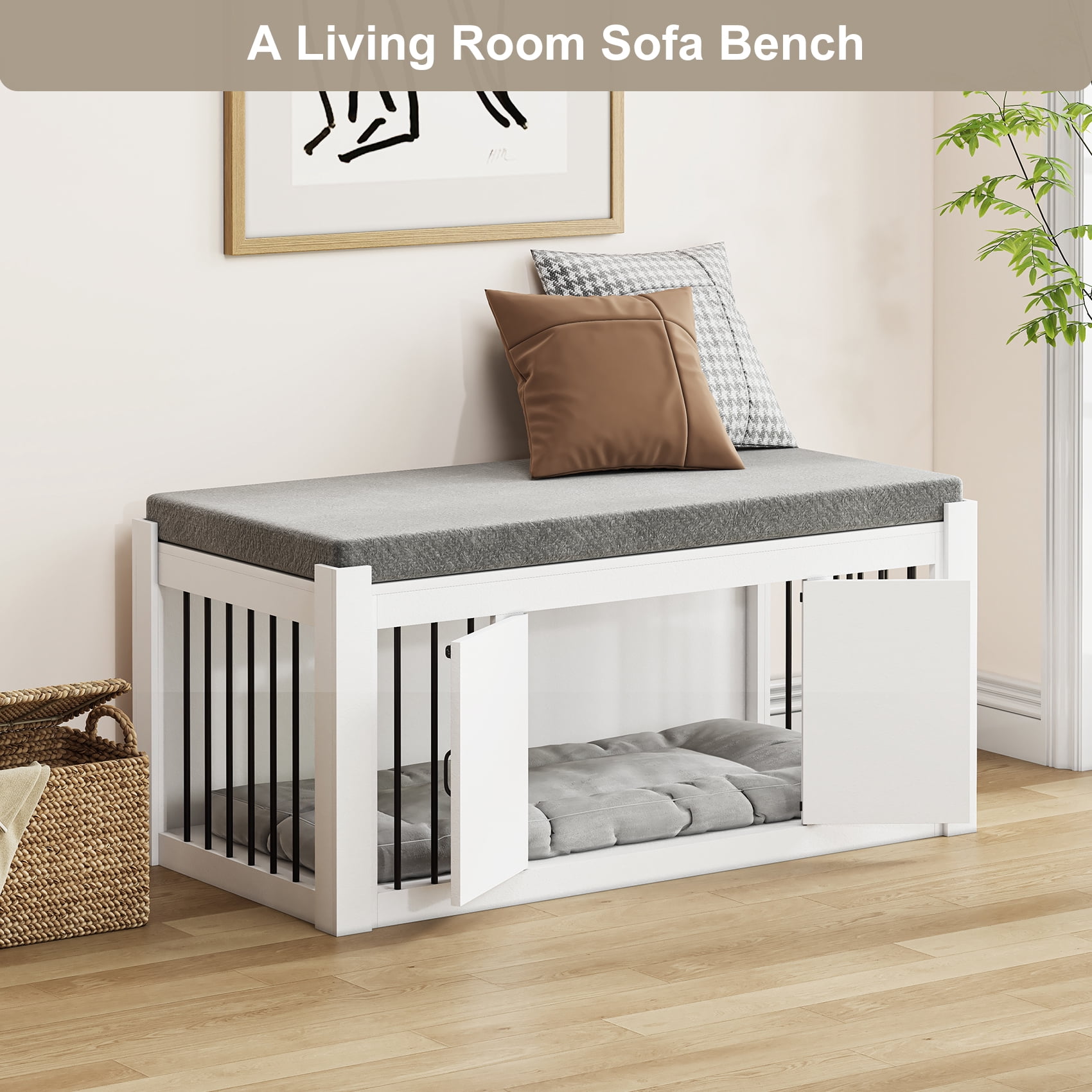 Faceket Lockable 2-Door 47" Wooden Furniture Style Crate for Dogs with Removable Cushion