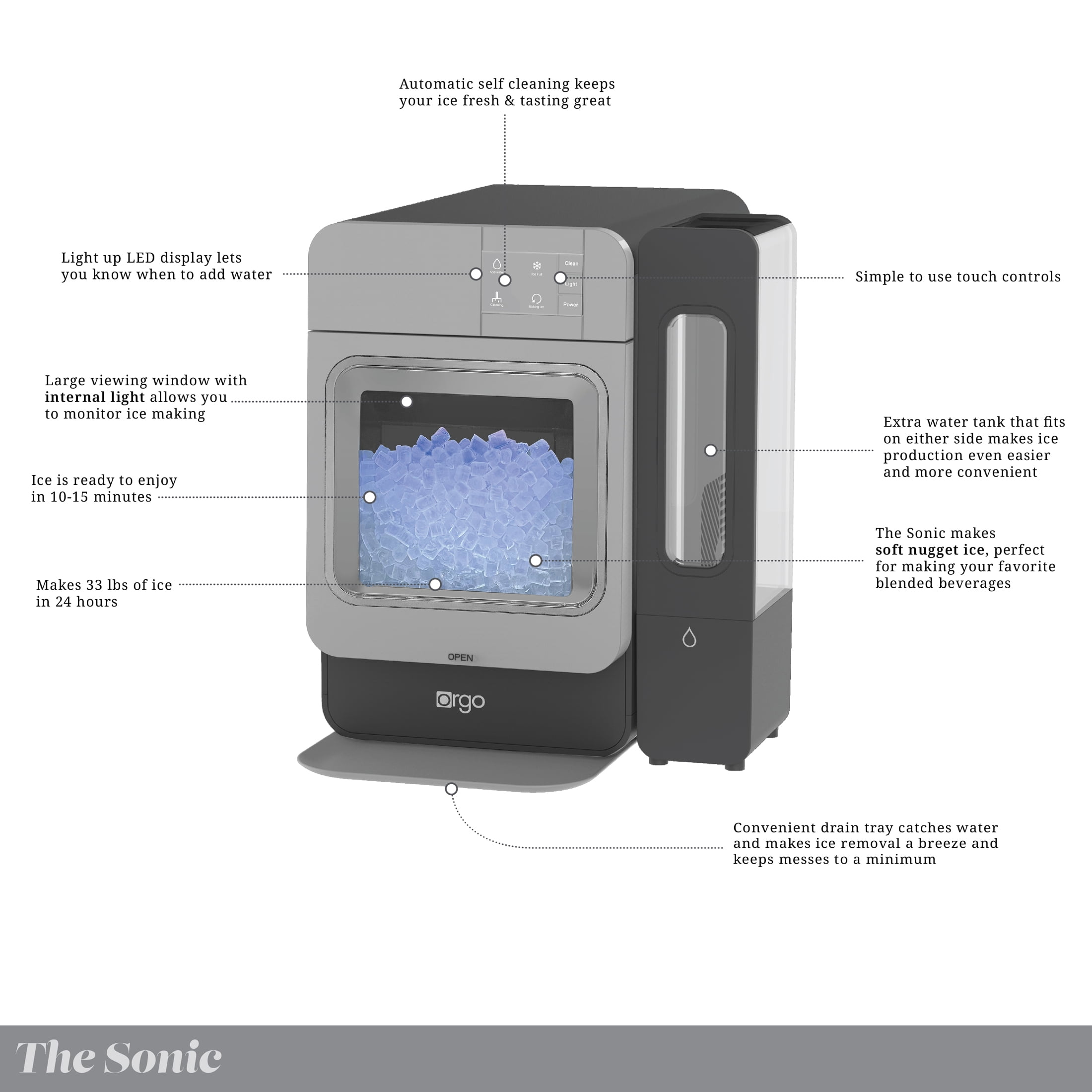 Orgo Sonic Countertop Nugget Ice Maker, 33lbs Daily Capacity, Stainless Steel
