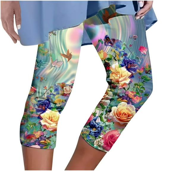 Capri Leggings for Women Fashion Floral Printed High Waist Workout Lounging Yoga Pants Running Gym Leggings (XL, Green 1)