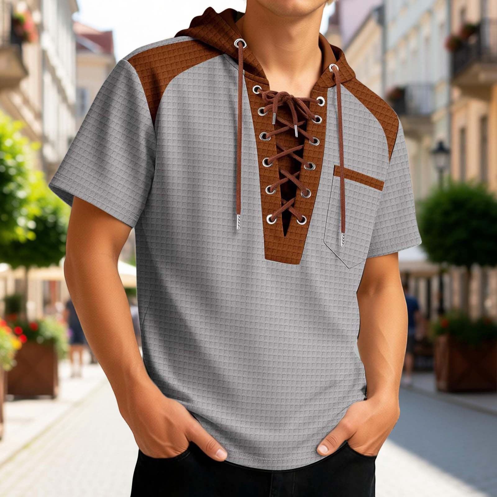 Rhuody T Shirts For Men Adult Referee Shirt V Neck Striped Sweatshirt Short Sleeved Top Versatile Clothing Grey L