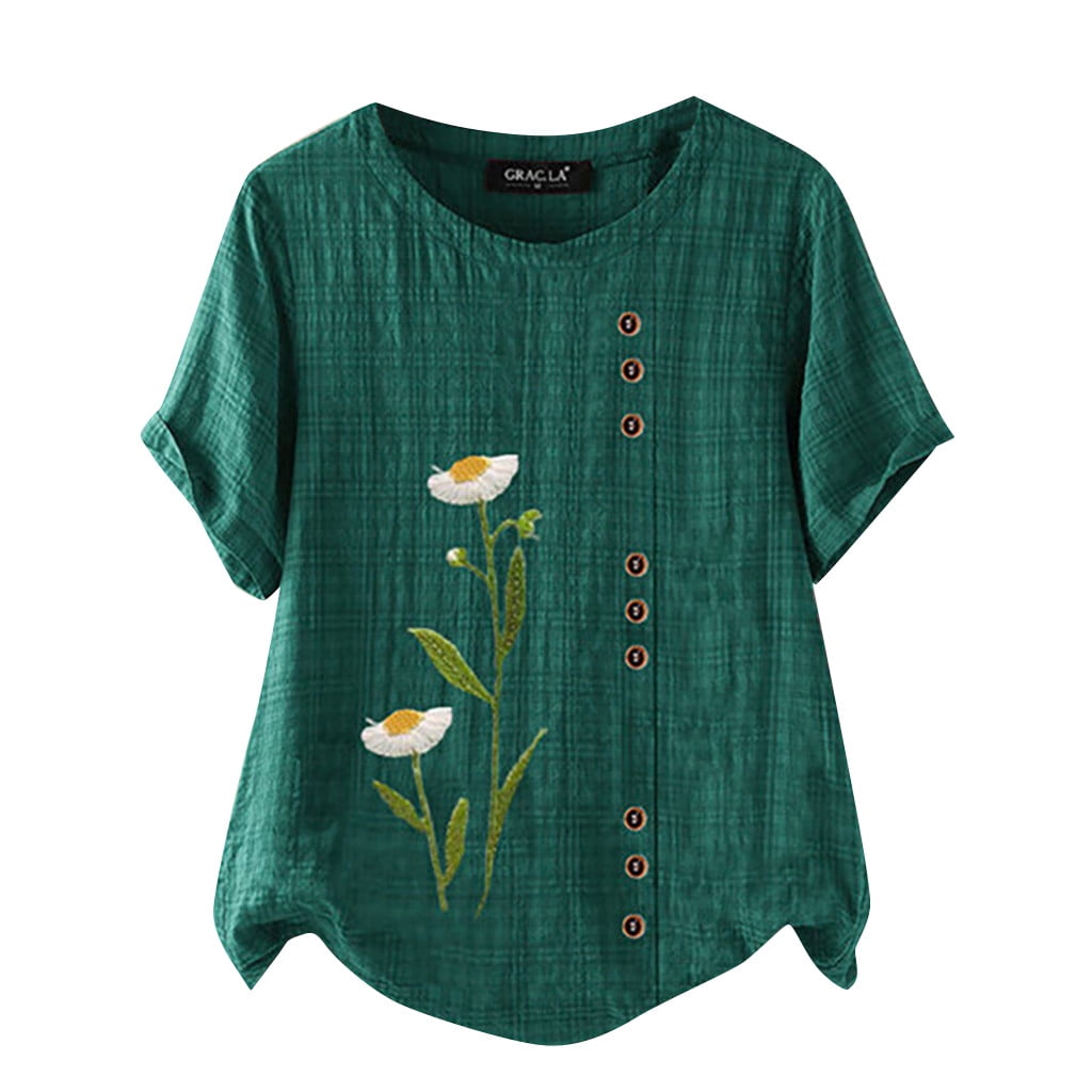 Womens Short Sleeve Cotton Linen Camp Shirts Jacquard Top T-Shirt Plus ...
