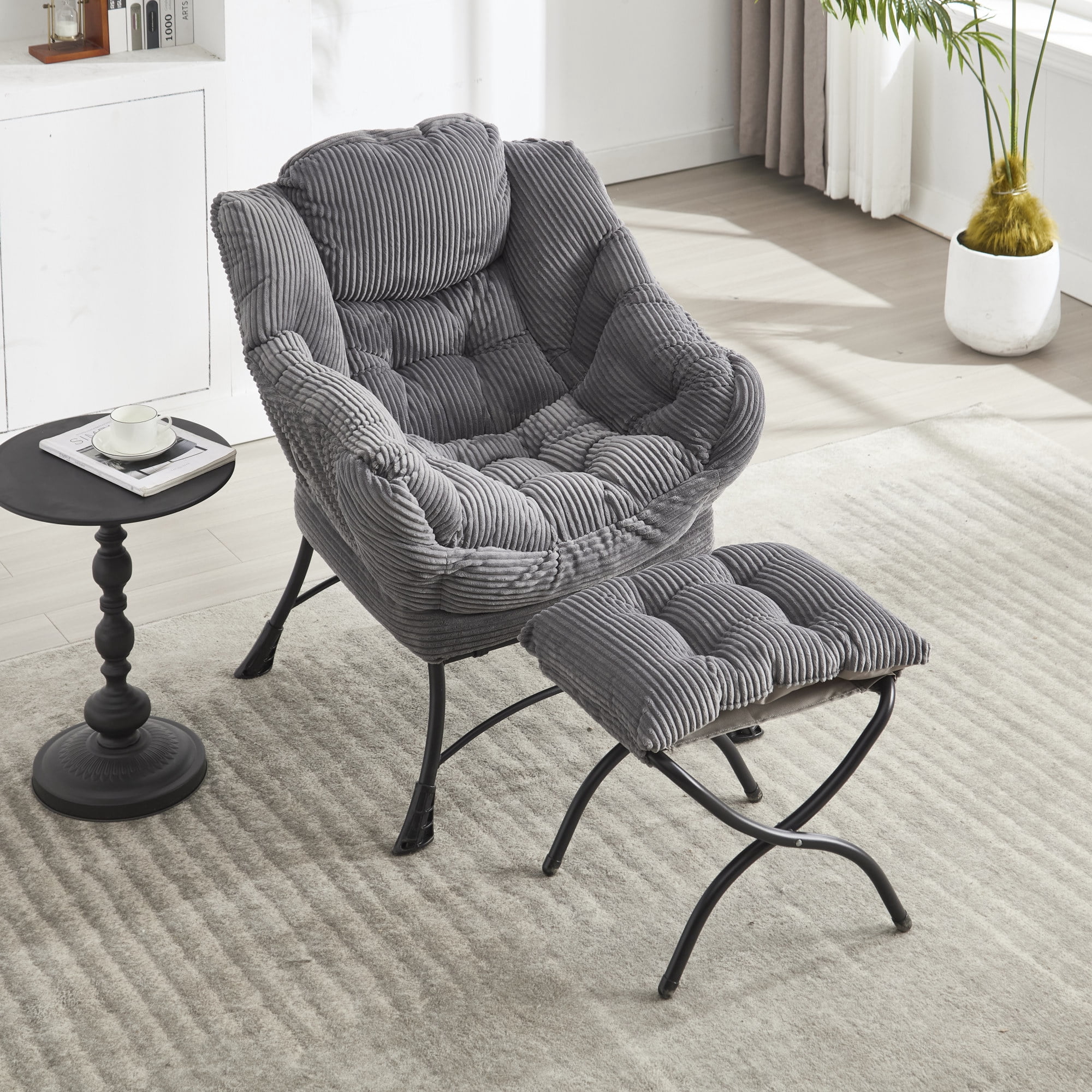 Lazy Chair with Ottoman,Modern Accent Chair with Armrests and a Side Pocket,Upholstered Armchair Sofa Chair Reading Chair with Footrest for Living Room,Gray