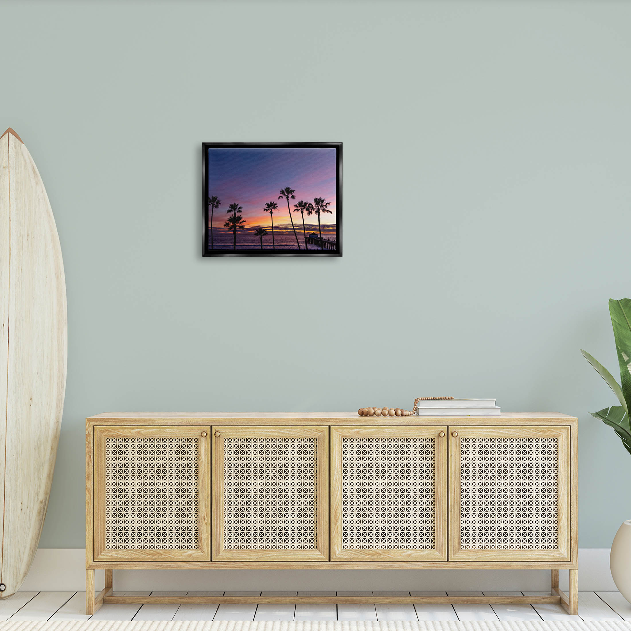 Vivid Sunset Palm Trees Horizon Coastal Photograph Jet Black Framed Art Print Wall Art