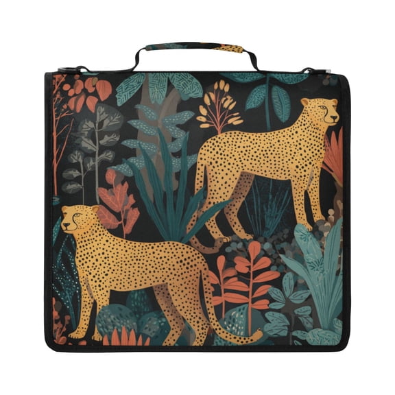Zipper Binder with Shoulder Strap 2 inch 3 Ring Waterproof File Folder Organizer Bag 500 Sheet Cheetah and Jungle Leaves