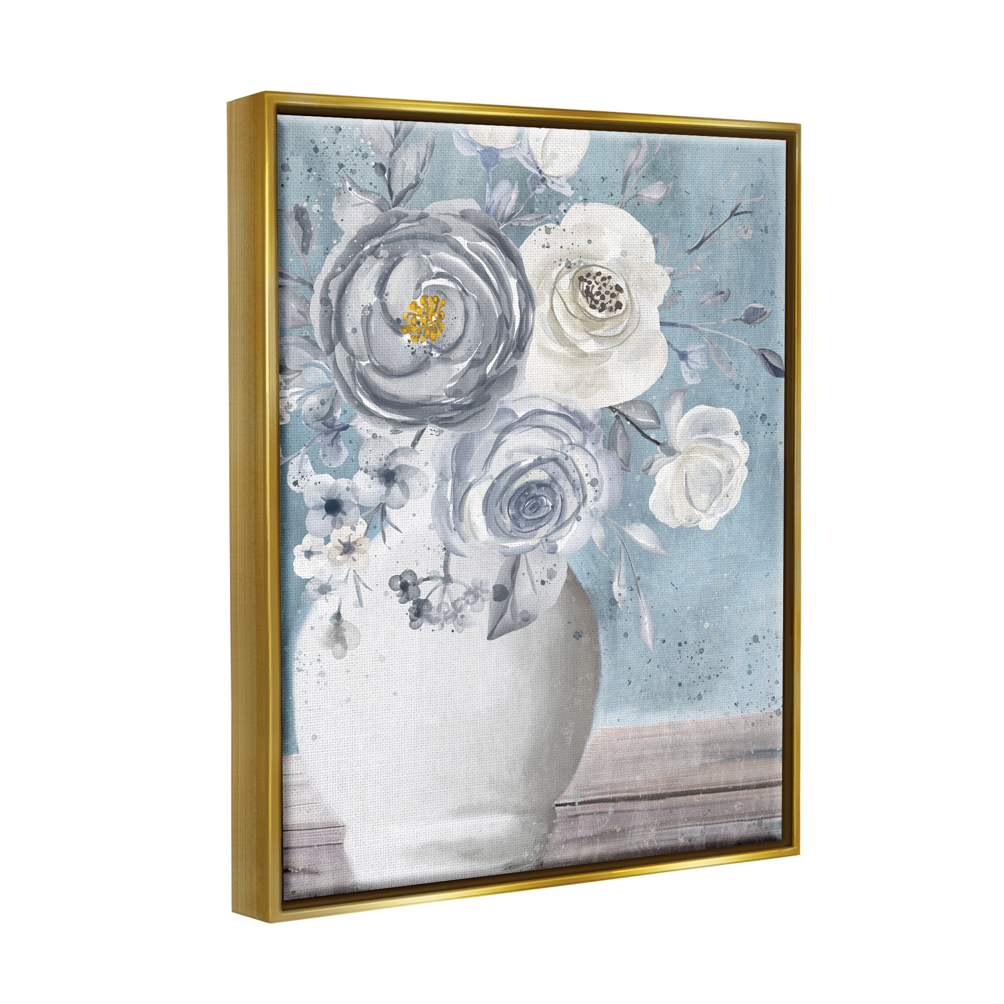 Stupell Industries Round Flower Blossom Bouquet Blue Paint Speckles Painting Metallic Gold Floating Framed Canvas Print Wall Art, Design by Kim Allen