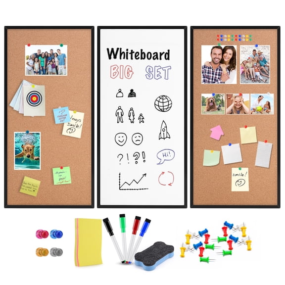 Cork Board and Whiteboard Combination Board for Wall, 3-Pack 12" X 24", Cork White Board for Home and Office