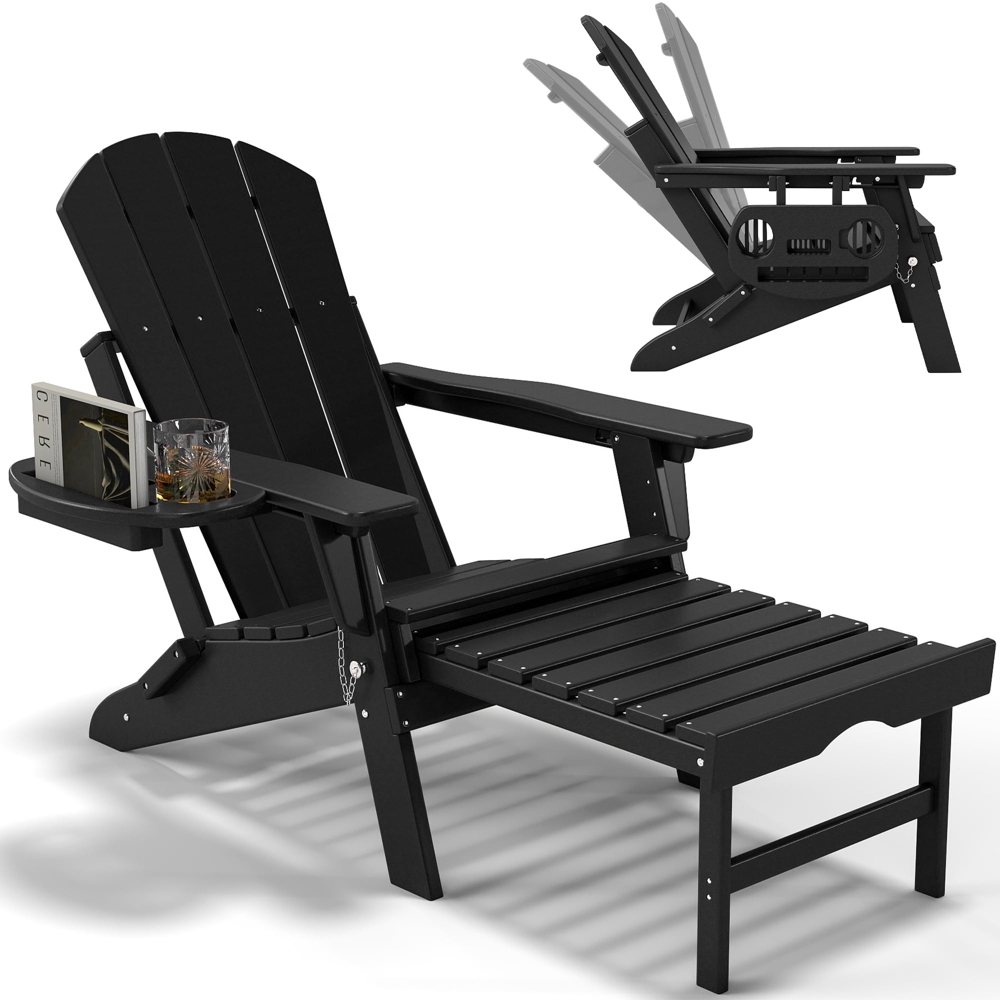 Folding Adirondack Chair with Ottoman, Adjustable Backrest Plastic HDPE Adirondack Chairs w/4 in 1 Cup Holder Tray, Black