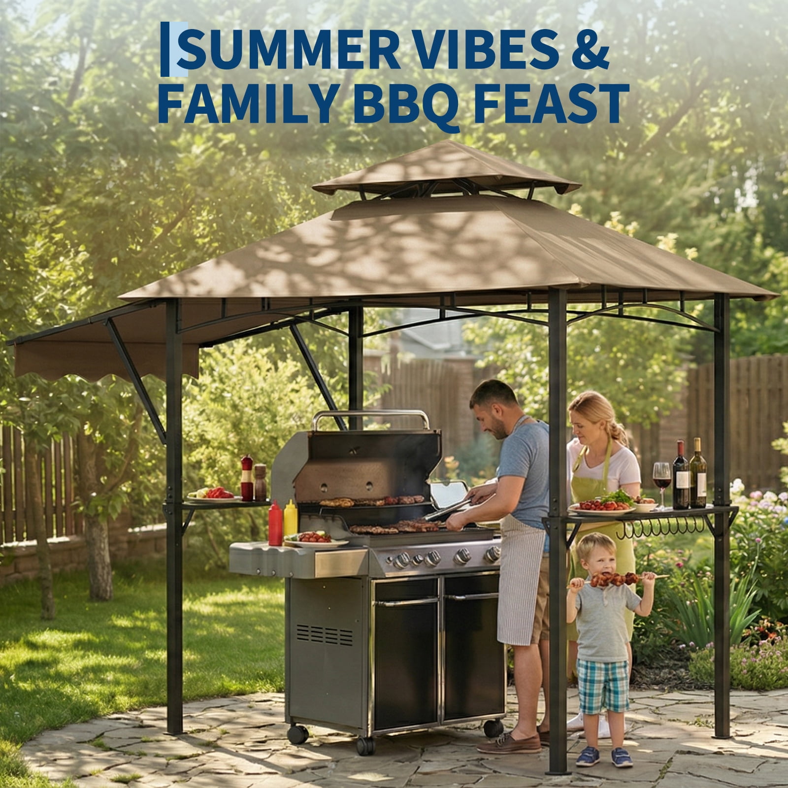 8 x 5 ft Grill Gazebo for Outdoor BBQ Double Tiered Soft Top Garden Tent with Shelves Hooks and Sunshade Side Awning for Backyard Patio Party Wine Red/Grey/Khaki/Coffee