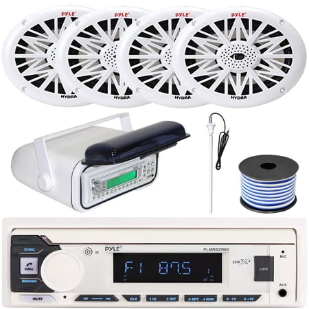 Pyle PLMRB29W2 Single DIN Marine Bluetooth USB/AUX MP3 Player AM/FM Radio In-Dash Stereo White Receiver w/White Cover 4x 6x9 260W Max 2-Way Full Range Boat Speakers Radio Antenna Speaker Wire