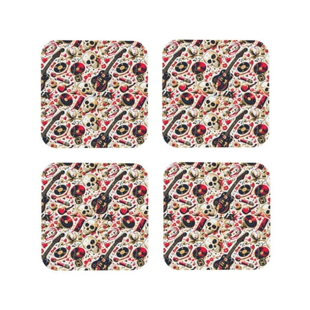 

Junzan Guitar Skull rock Print Coasters for Drinks - Leather Coasters Set of 4 for Coffee Table for Housewarming/Kitchen/Bar/Decor-Square