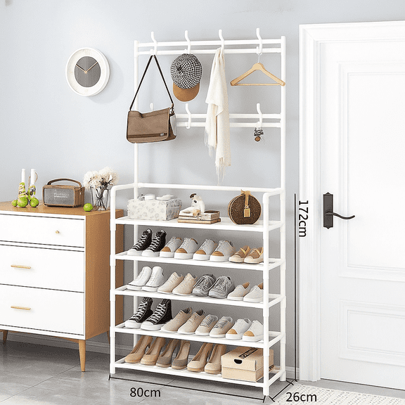 KABB 3-in-1 Entryway Coat Rack with Shoe Rack, Coat Rack With Shoe Storage，Coat and Shoe Rack, 31x10x67 inch， Multipurpose Hat and Shoe Storage Rack with 5-Tier 8 Hooks,  White