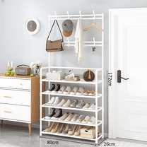 KABB 3-in-1 Entryway Coat Rack with Shoe Rack, Coat Rack With Shoe Storage,Coat and Shoe Rack, 31x10x67 inch, Multipurpose Hat and Shoe Storage Rack with 5-Tier 8 Hooks, White